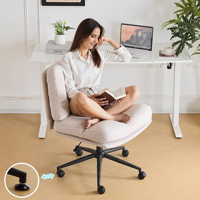 VINGLI Criss Cross Cloud Seat,Comfy Corduroy Cross Legged Office Desk Chair with/no Wheels,Cute Vanity Stool, Adjustable Wide Seat,Modern Swivel Perch for Study, Make Up, Home Office，Light Khaki