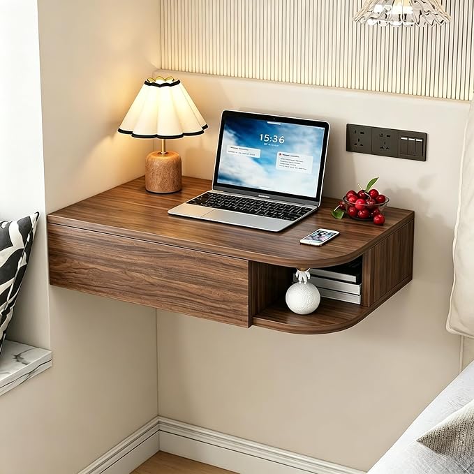 Corner Floating Desk with Drawer, Wall Mounted Desk with Open Shelving, Floating Makeup Vanity with Storage, Scratch-Resistant, Space Saving, for Bedroom Living Room Small Spaces Apartment