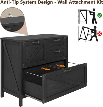 Halitaa Lateral File Cabinet with 4 Drawers, Farmhouse File Cabinet for Letter/Legal/A4 Size Hanging Files, Large Wood File Storage Cabinets Printer Stand for Home Office Cabinets, Black