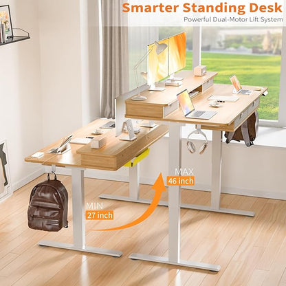 63 * 30 Inches Electric Standing Desk Adjustable Height with 4 Drawers, Double Storage Shelves Stand Up Desk, Home Office Workstation Sit Stand Desk (Nature)