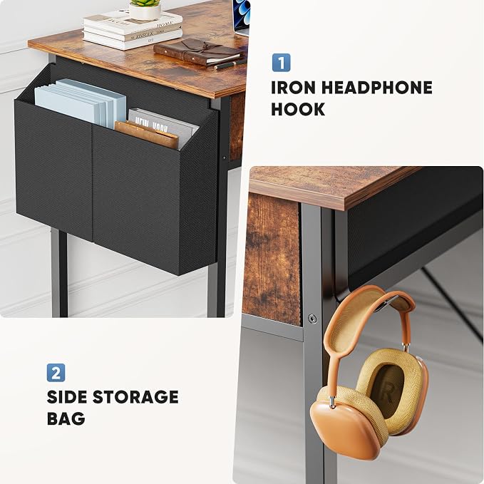 32" Small Gaming Desk with Drawers, Home Office Computer Writing Study Table with Storage Side Bag, Headphone Hook, and Adjustable Feet for Bedroom, Rustic Brown