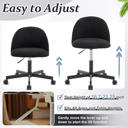 VINGLI Cute Candy Chair Armless Comfy Small Office Desk Vanity Chair with Wheels & Lumbar Support,Teddy Adjustable Rolling Swivel Computer Task Ch for Home Office,Bedroom,Black
