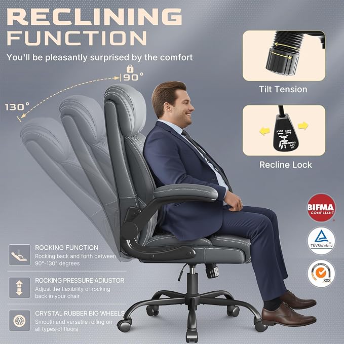 Office Chair-Executive High Back Breathable Big and Tall Office Chair Flip-up Armrests Lumbar Support-Ergonomic Leather Rolling Swivel Chair with Rock Function for Working Studying Gaming,4 Pack