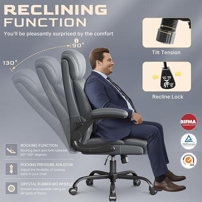 Office Chair-Executive High Back Breathable Big and Tall Office Chair Flip-up Armrests Lumbar Support-Ergonomic Leather Rolling Swivel Chair with Rock Function for Working Studying Gaming,4 Pack