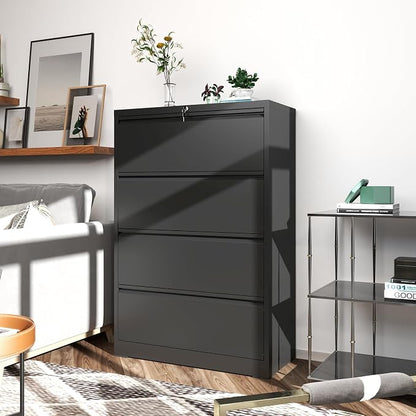 4 Drawer File Cabinets,Metal Office Storage Filing Cabinet with Lock,Black Lateral Filing Cabinet for Home Office,Horizontal Locking File Cabinet for Legal/Letter/A4,Assembly Required,Black