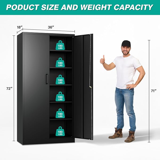 SISESOL Wide & Deep Metal Storage Cabinet with 2 Doors and 5 Adjustable Shelves,72x36x18 Garage Storage Cabinet,Tall Black Locking Metal Cabinets with Lock,Steel Locked Cabinets for Home,Office,Garage