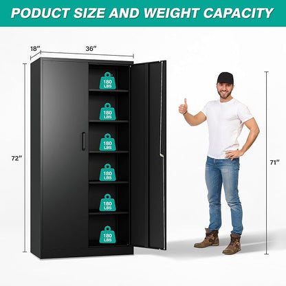 SISESOL Wide & Deep Metal Storage Cabinet with 2 Doors and 5 Adjustable Shelves,72x36x18 Garage Storage Cabinet,Tall Black Locking Metal Cabinets with Lock,Steel Locked Cabinets for Home,Office,Garage