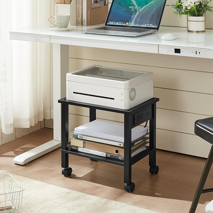 YUFAM 2 Tier Under Desk Printer Stand with Storage, Small Printer Table with Charging Station, Rolling Printer Cart Shelf with Lockable Wheels for Home, Office (Black)