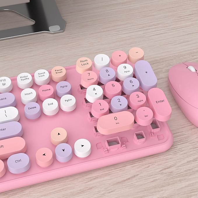 UBOTIE Colorful Wireless Keyboard and Mouse Combos, Retro Typewriter Floating Flexible Full-Sized Keys Computer Keyboard with Optical Mouse, 2.4GHz USB-A Connection for Windows Mac (Pink-Colorful)