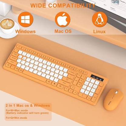 Wireless Keyboard and Mouse Combo, Full-Sized Wireless Keyboard and Adjustable DPI Mouse, 2.4GHz USB Receiver, Keyboard and Mouse for PC, Windows, Desktop, Laptop (Orange-B)
