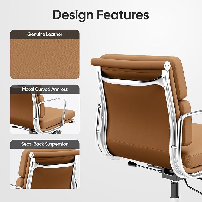 Genuine Leather Office Chair, Padded Mid Back Ergonomic Executive Desk Chair with Aluminum Arm Rest and Base, Swivel Wheels with Lumbar Support & Tilting Function, Hight Adjustable Light Brown
