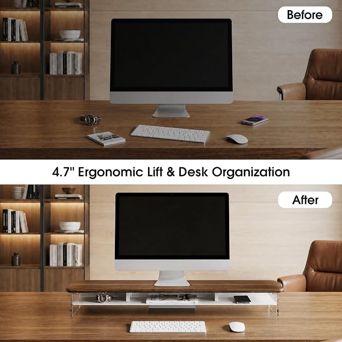 Fenge Acrylic Monitor Stand Riser, 42.5 Inches Dual Monitor Stand with Metal Storage, 2 Tier Acrylic Computer Riser for Desk, Clear Laptop Stand for PC, Laptop, Printer, TV, Brown