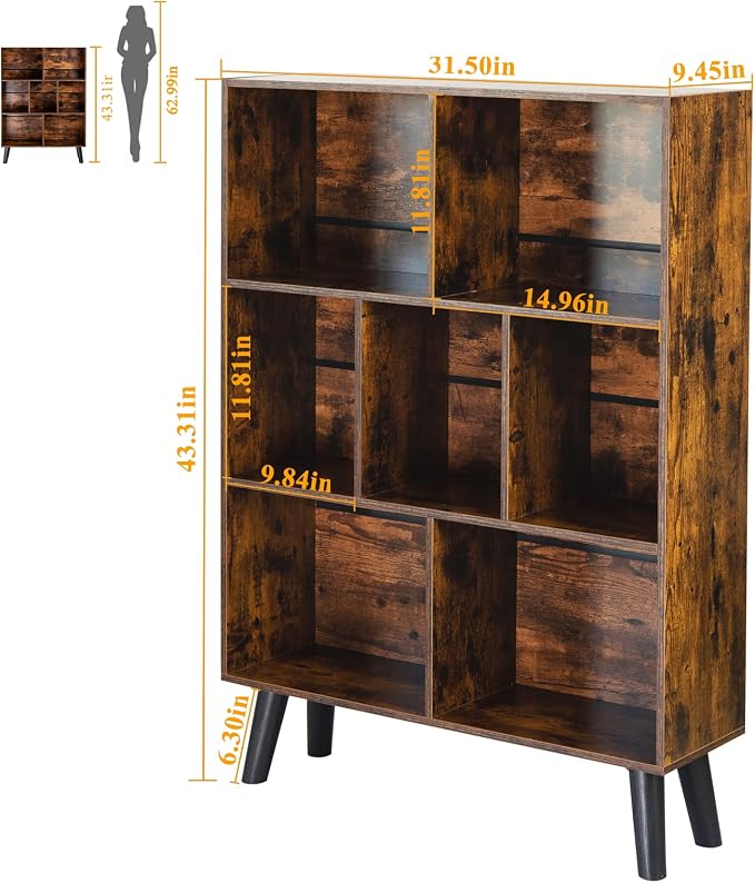 LEYAOYAO Cube Bookshelf 3 Tier Mid-Century Rustic Brown Modern Bookcase with Legs,Retro Wood Bookshelves Storage Organizer Shelf,Freestanding Open Book Shelves for Bedroom,Living Room,Office