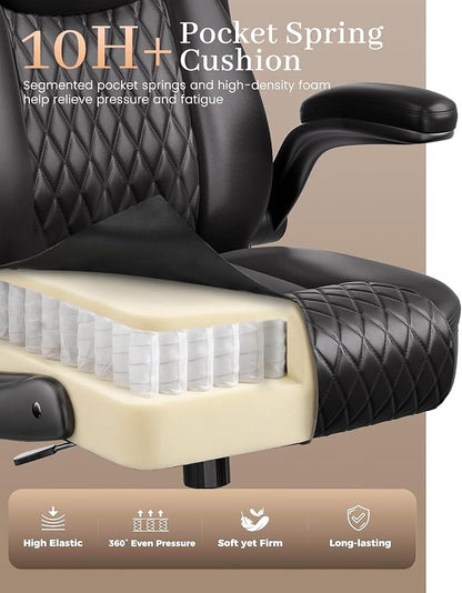 COMHOMA Mid-Back Office Chair, Ergonomic PU Desk Chair with Flip up Arms, Small Computer Gaming with Comfy Lumbar Support,Rocking Function,Sturdy Metal Base, Black