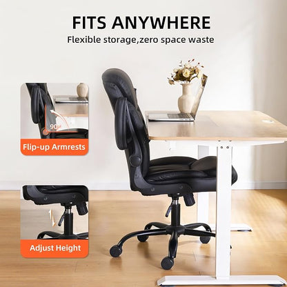 Home Office Ergonomic Desk Chair - Comfy Leather Executive Chair with Flip-Up Armrests, Height Adjustable Computer Chair for Gaming, 360° Swivel & Rocking(Black)