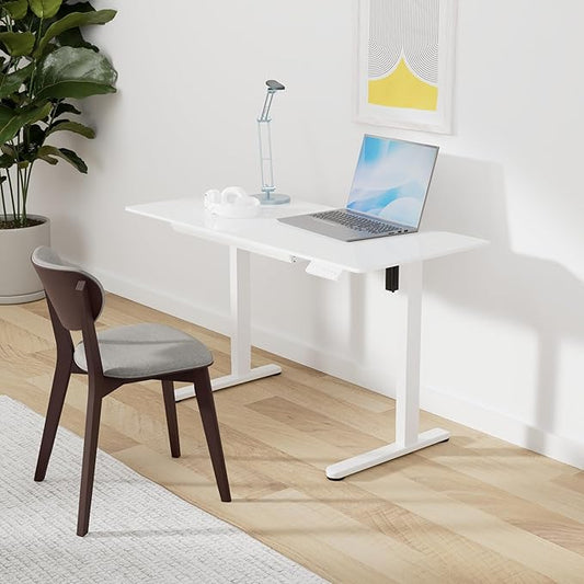 Marsail Glass Electric Standing Desk with Drawer, 40 x 24 Inches Height-Adjustable Desk, One-Piece Tempered Glass Top, Ergonomic Home Office Sit Stand Desk with 4 Preset Heights, White