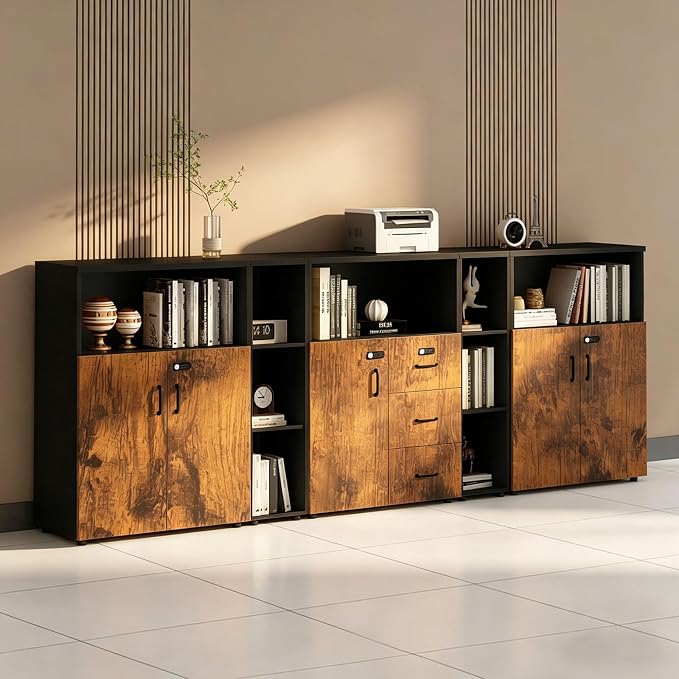 File Cabinet with Password Lock, Wood Lateral Filing Cabinet for Letter/A4 Files, 3 Drawer with Door, Printer Stand with Open Shelves for Home Office