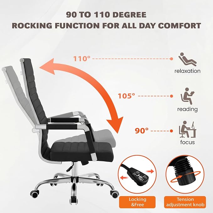 Furmax Ribbed Office Chair High Back PU Leather Executive Conference Chair Adjustable Swivel Chair with Arms, Black