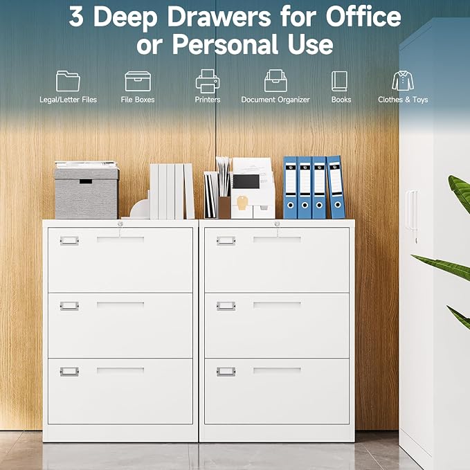 MIIIKO Lateral 3 Drawer File Cabinet,White Metal Filing Cabinets with Lock, Metal Storage File Cabinets for Home Office,Letter/Legal/A4 Size