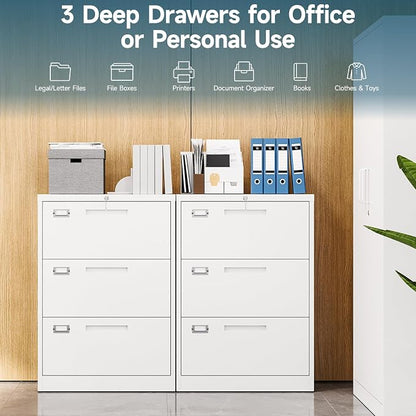MIIIKO Lateral 3 Drawer File Cabinet,White Metal Filing Cabinets with Lock, Metal Storage File Cabinets for Home Office,Letter/Legal/A4 Size