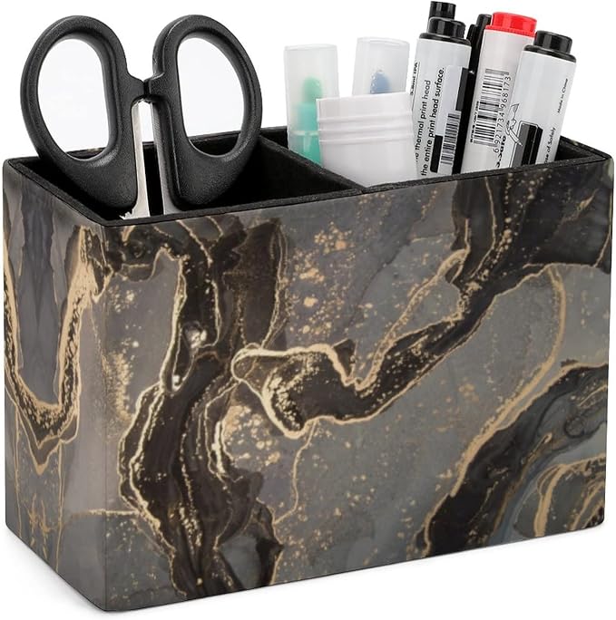 Niapessel Pencil Holder for Desk, Black Gold Marble Pen Holder Storage Desktop Pen Organizer Desk Pencil Organizer Makeup Brush Holder for Office School College Leather