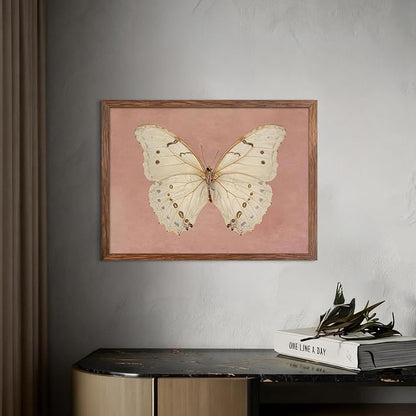 Framed Butterfly Canvas Wall Art, Pink Vintage Neutral Moody Insect Wall Decor Pictures, Antique White Moth Prints Paintings Aesthetic Posters for Living Room Bedroom Bathroom Office 8x10 Inch