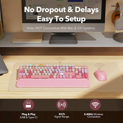 Wireless Keyboard and Mouse Combo, Cute Retro Typewriter Keyboard with Round Keycaps and Magnetic Wrist Rest, Full-Size 2.4GHz Cordless for Mac, Windows PC, Laptop, SABLUTE CK23, Pink Multi-Color