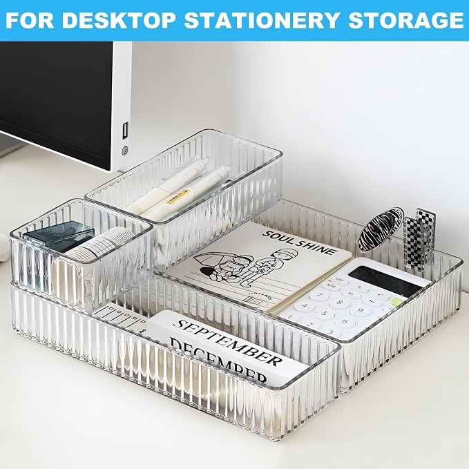 HOTOOLME 7PCS Clear Drawer Organizers Bins, 4 Size Stackable Makeup Drawer Organizer, Desk Plastic Drawer Storage Trays, Bathroom Drawer Storage for Cosmetics, Office Supply, Kitchen Utensils