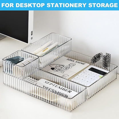 HOTOOLME 7PCS Clear Drawer Organizers Bins, 4 Size Stackable Makeup Drawer Organizer, Desk Plastic Drawer Storage Trays, Bathroom Drawer Storage for Cosmetics, Office Supply, Kitchen Utensils