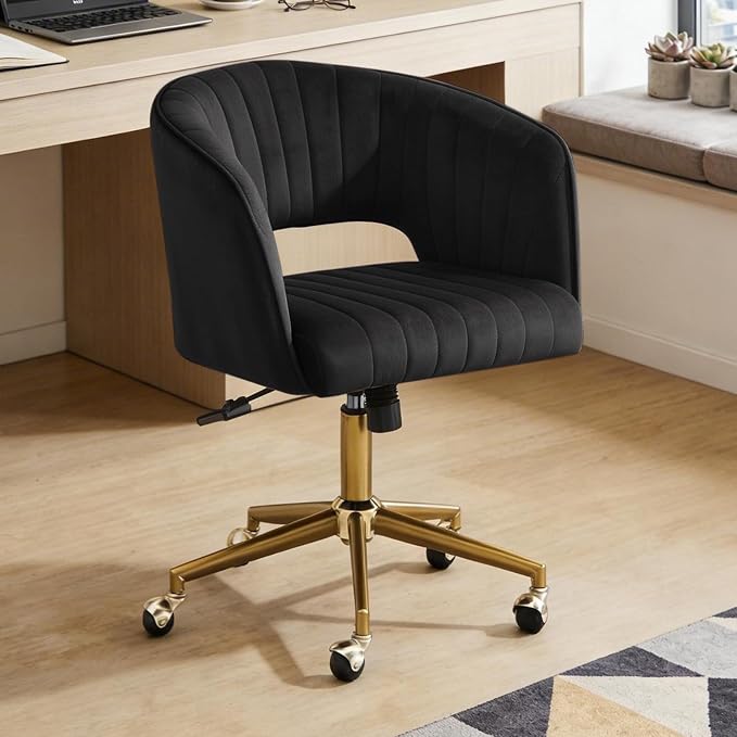 Vanity Chair with Back 360 Swivel Armchair and Gold Base, Criss Cross Chair with Wheels for Vanity Home Office, Living Room, Bedroom and Study (Black)