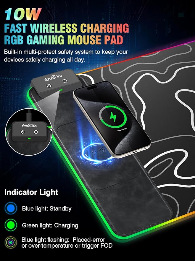 Wireless Charging RGB Gaming Mouse Pad, 31.5"x15.7" XXL Large Desk Mat, Desk Pad for Gamer, 9 Light Modes, Non-Slip Rubber Base, Waterproof, Computer Keyboard Mat, Black