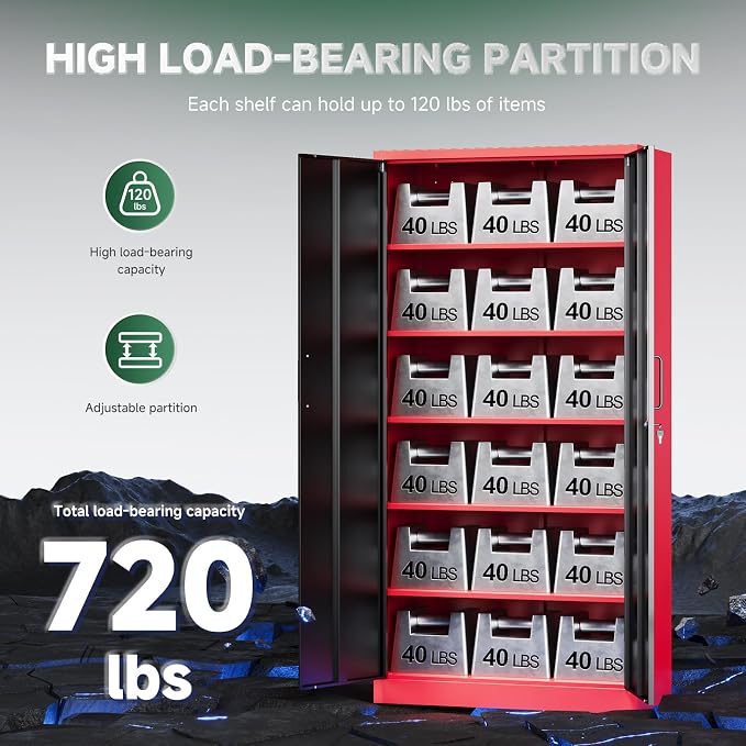 Letaya Metal Garage Storage Cabinets with Lock, 72" Tall Locker Organizer Steel Tool Cabinets,5 Adjustable Shelves 2 Doors for Home Office, Warehouse,Garage,Industrial,Employee (Black Red)