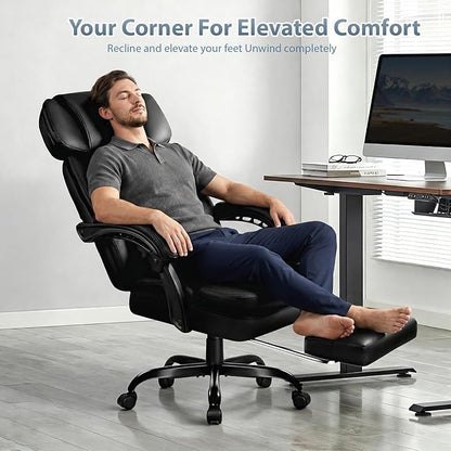 PRETZI Executive Office Chair 400LBS, Ergonomic Office Chair with Foot Rest, Heavy Duty Desk Chair for Home Office, Reclining High Back PU Leather Computer Chair Comfy, Black
