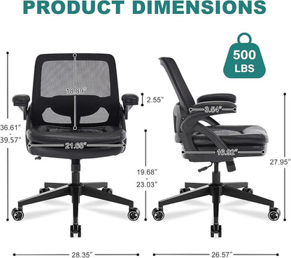 Big and Tall Office Chair, 500lbs Mesh Heavy Duty Ergonomic Desk Chair with Flip-up Armrests, Plus Size Wide Seat in PU Leather, 360 Swivel Computer Executive Task Chair for Home Office (Black)