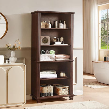 SAVOR LIFE 70" Tall Walnut Bookshelf,5 Tier Wooden Book Shelf with Adjustable Shelves & Wood Legs,Free Standing Farmhouse Bookcase with Open Display Storage,Vintage Bookshelves for Classroom, Office