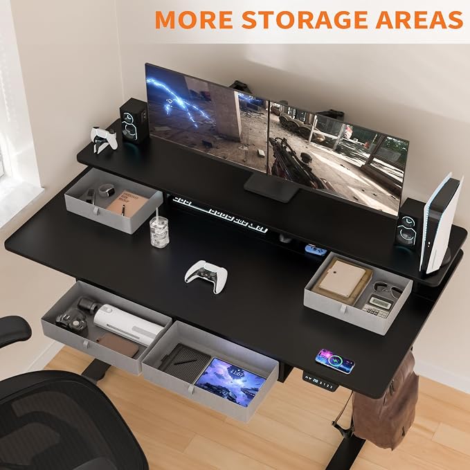 Electric Standing Desk with 4 Drawers, 63 * 30 Inches Extra Large Desktop, Electric Desk Adjustable Height with Storage, Home Office Workstation (Classical Black)