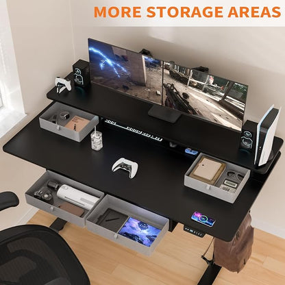 55 * 30 Inches Electric Standing Desk Adjustable Height with 4 Drawers, Double Storage Shelves Stand Up Desk, Home Office Workstation Sit Stand Desk (Classical Black)