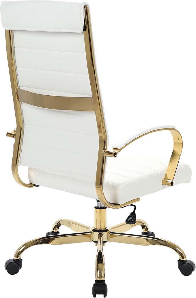 LeisureMod Modern High-Back Leather Office Chair - Swivel & Adjustable Executive Desk Chair with Gold Frame, Ergonomic Design for Home & Office (White, Single)