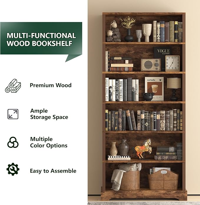 TVU 6-Tier Wooden Bookshelf, 77.2" Tall Farmhouse Style Open Bookcase, 31.5" W Standing Book Shelf with Storage, Suitable for Study, Living Room, Office, Rustic Brown