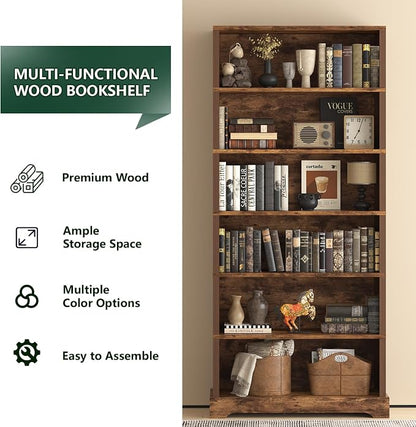 TVU 6-Tier Wooden Bookshelf, 77.2" Tall Farmhouse Style Open Bookcase, 31.5" W Standing Book Shelf with Storage, Suitable for Study, Living Room, Office, Rustic Brown