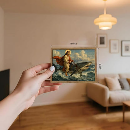 Framed Jesus Riding a Shark Wall Art, Humorous Christian Canvas Print, Fun Jesus Oil Painting, Religious Comedy Wall Decor, Christian Home Decor Gift for Living Room Bedroom Bathroom 8x10 inch