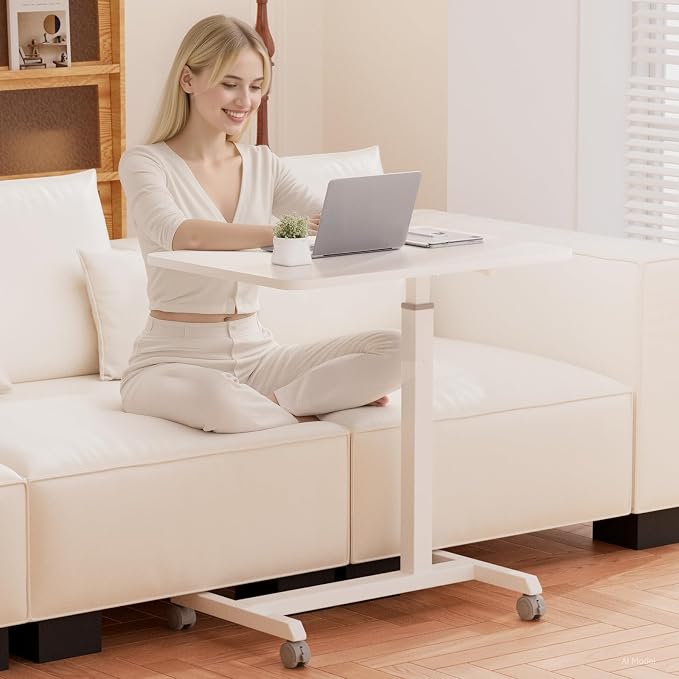 GTPLAYER Small Standing Desk, 24 Inches Foldable Mobile Rolling Laptop PC Table with Lockable Casters, Adjustable Height Overbed Bedside Table Computer Workstation for Home Office, White-Foldable