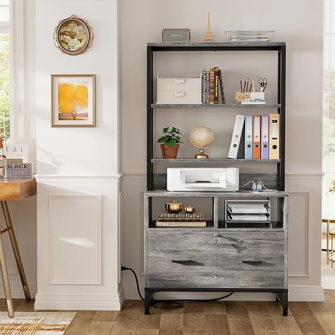 Homieasy File Cabinet with Charging Station, Vertical Filing Cabinet with Lock & Large Drawer, Printer Stand with Storage Shelves, Office Storage Cabinet fits Letter/A4/Legal Size, Light Oak