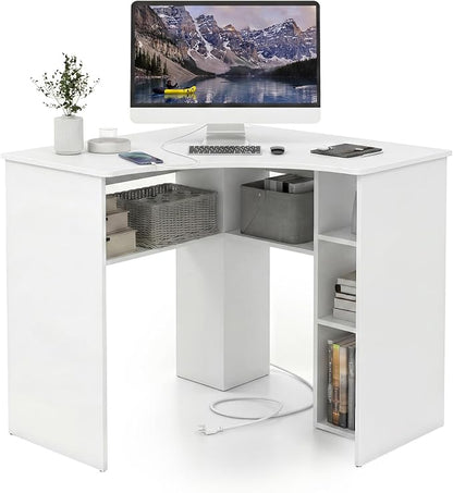 GOFLAME White Corner Desk with Charging Station, Small Corner Desk with Storage Shelves, Triangle Computer Desk, Study Writing Table for Home Office, Small Spaces