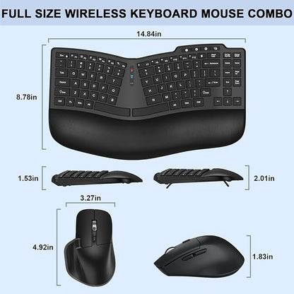 Ergonomic Wireless Keyboard Mouse, Wave Key Bluetooth/2.4G Split Design Ergo Keyboard Mouse Combo with Cushioned Palm Rest, Multi-Device, Rechargeable, for Multi-OS, Windows/Mac/Android