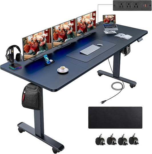 farexon Electric Standing Desk 71 x 28in with Power Outlets, Rolling Stand up Desk with Large Mouse Pad, 3 USB Ports & 3 Power Outlets, Easy to Set Home Office Gaming Computer Table, Black