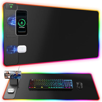 Wireless Charging Mouse Pad with Magnetic Phone Stand, 31.5"x15.8" Large | Gaming Mousepad RGB Desk Mat, Smooth Glide, Stitched Edge, Non-Slip Rubber Base, Waterproof Keyboard Mat, No Adatper