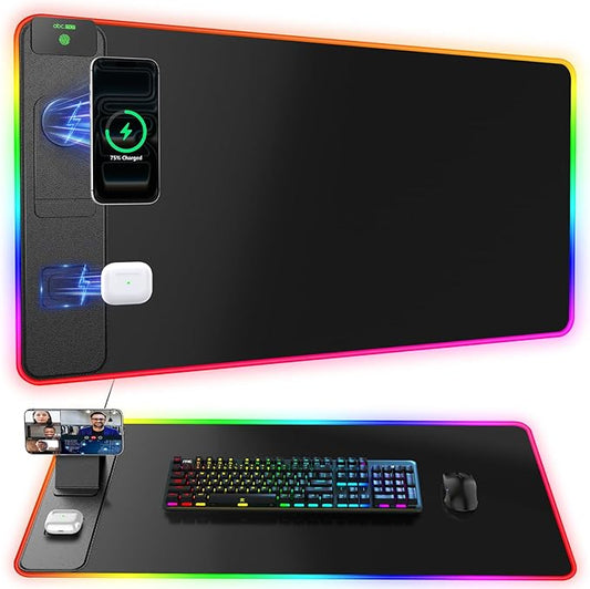 Wireless Charging Mouse Pad with Magnetic Phone Stand, 31.5"x15.8" Large | Gaming Mousepad RGB Desk Mat, Smooth Glide, Stitched Edge, Non-Slip Rubber Base, Waterproof Keyboard Mat, No Adatper