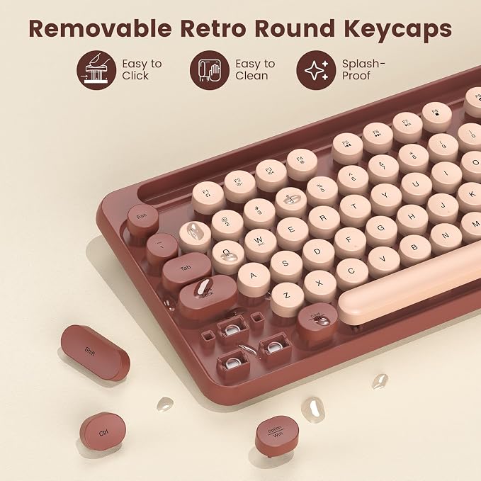 Wireless Keyboard and Mouse Combo, Retro Round Keycaps, Full-Size Stylish Typewriter Keyboard with Phone/Tablet Holder, Ergonomic Mouse with 3-Level DPI, 2.4GHz Connection for Windows/PC (Burgundy)