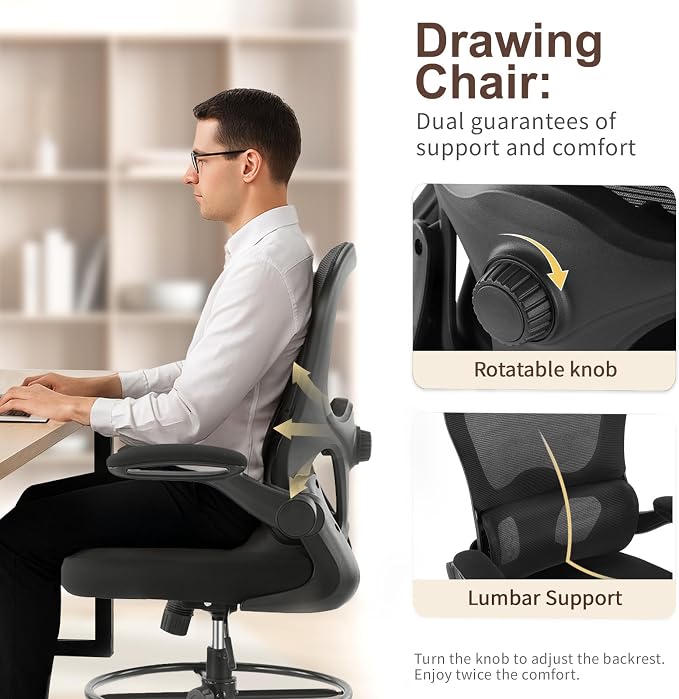 Karl home Ergonomic Drafting Chair, Black | Lumbar Support, Flip-Up Armrests, Adjustable Height Footrest Ring, Breathable Mesh, Tall Swivel